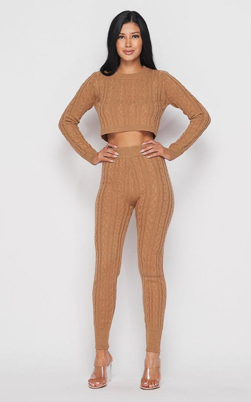 Cable Knit Crop Top and Leggings Set - Mocha - SohoGirl.com